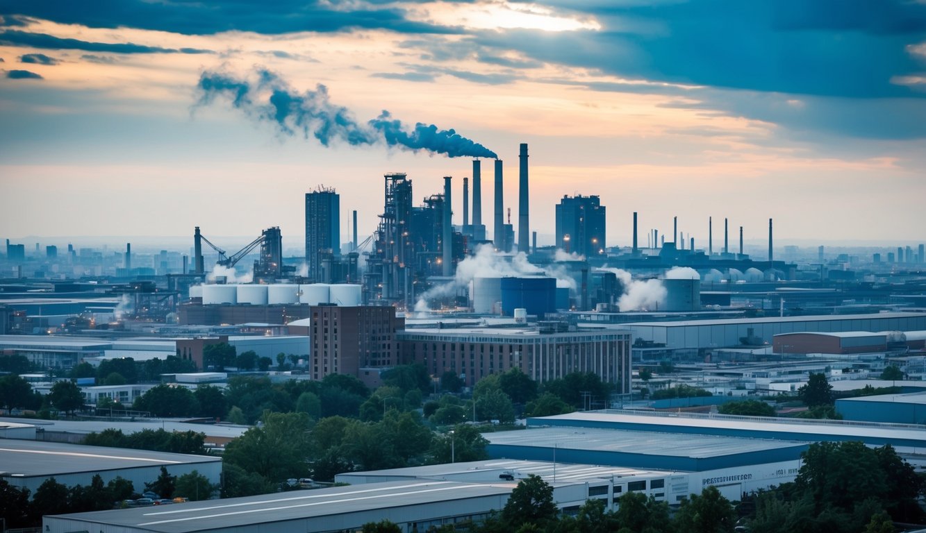 A bustling city skyline with various buildings and factories, showcasing the integration of no-code platforms in industrial applications