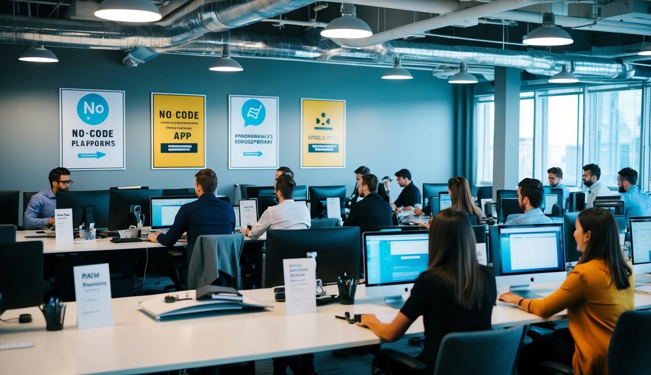 A bustling office with people at their desks, working on computers. Posters on the wall advertise "No-Code Platforms" and "Democratizing App Development."