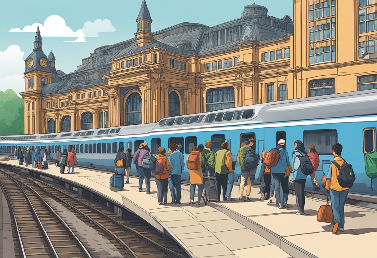 A bustling train station with passengers boarding and disembarking, trains arriving and departing, and the iconic station building in the background