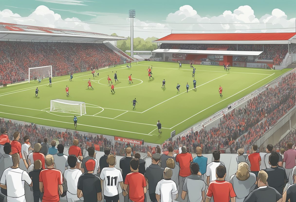 A soccer match between Emmen and Jong FC Utrecht, with players in action on the field, surrounded by cheering fans in the stadium