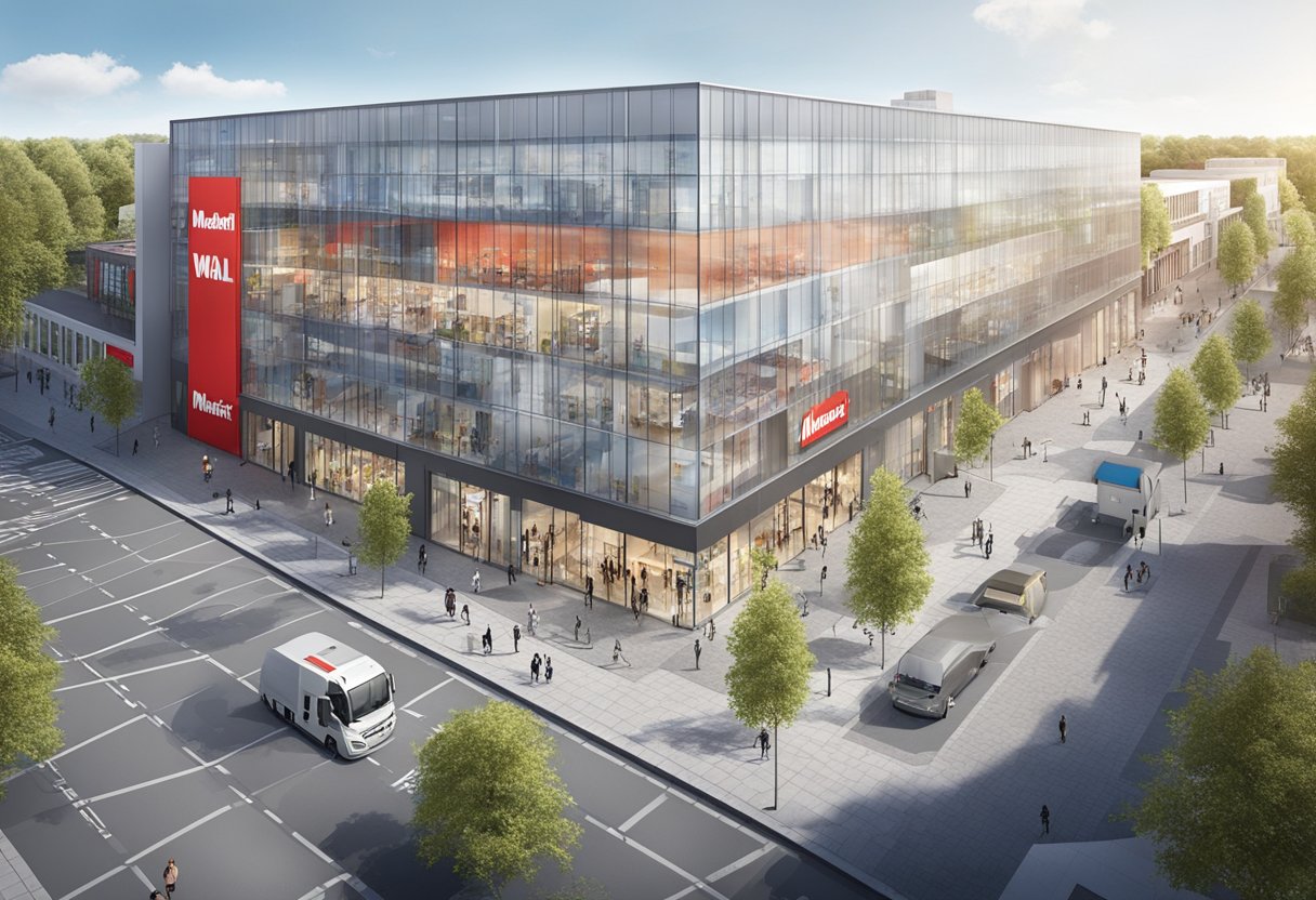 A wide shot of MediaMarkt Utrecht The Wall, showing the exterior of the building and the surrounding area