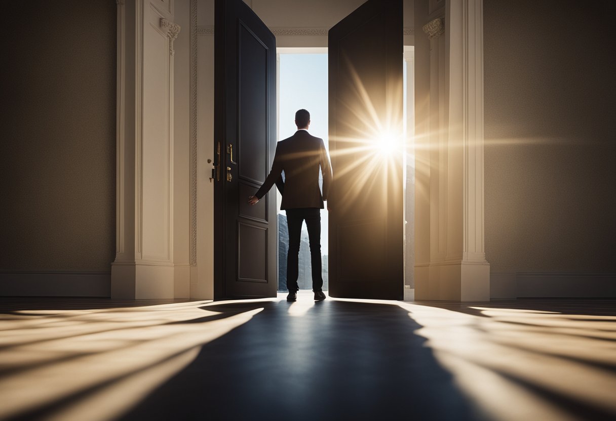 A figure stands before a closed door, hand raised to knock. Rays of light shine through the keyhole, illuminating the figure's hopeful expression