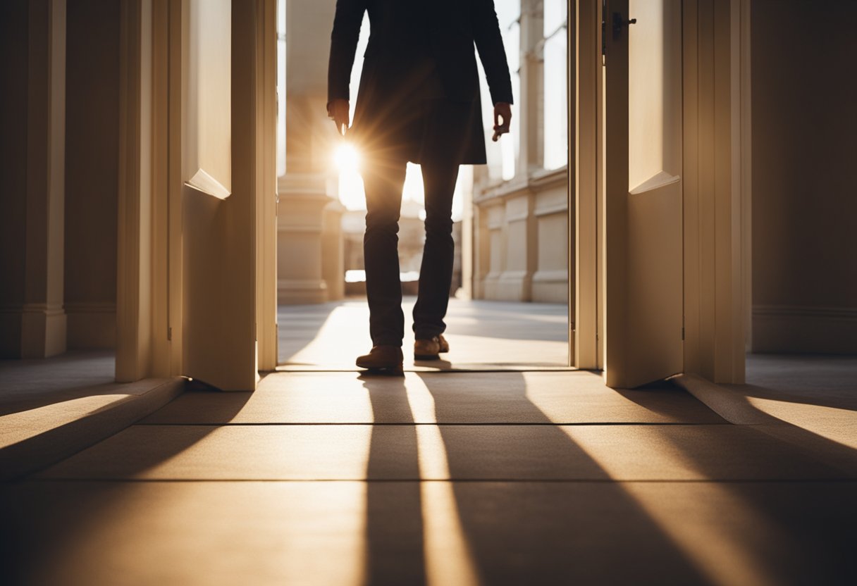 A door stands ajar, light streaming through, casting a warm glow on the floor. A figure stands on the other side, reaching out in welcome