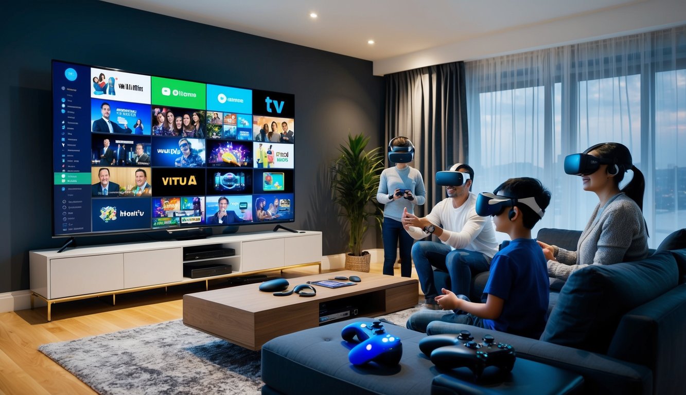 A living room with a large smart TV streaming various shows and movies, while a family interacts with virtual reality headsets and gaming consoles