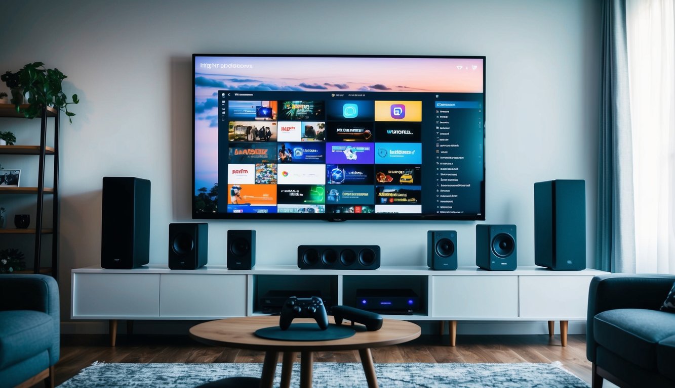 A living room with a large screen displaying streaming content, surrounded by smart speakers and interactive gaming consoles