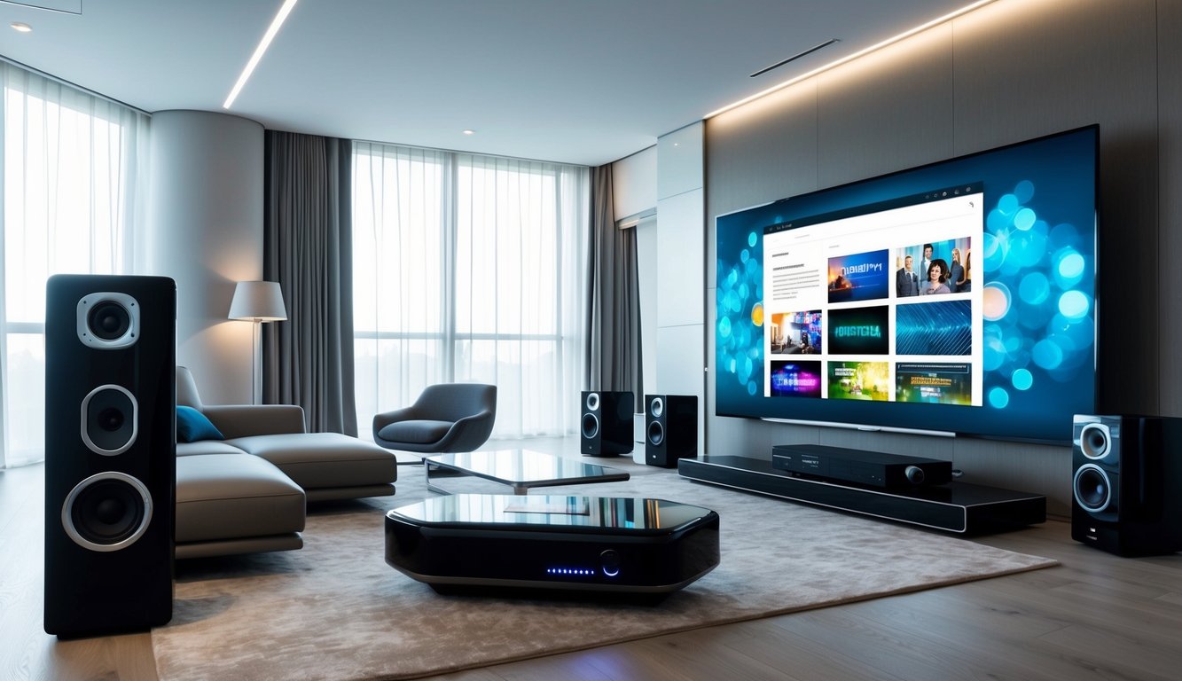 A sleek, modern living room with a large flat-screen TV and surround sound speakers. A futuristic streaming device is connected, displaying interactive media content on the screen