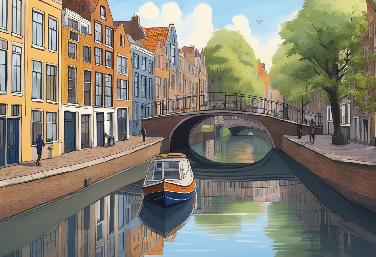 A serene canal in Utrecht, with traditional Dutch buildings lining the water's edge. A bridge spans the canal, and a small boat glides by