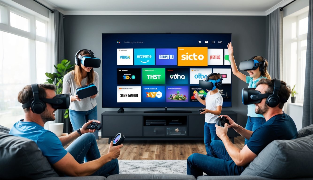 A living room with a large smart TV displaying various streaming services, while a family of four interacts with virtual reality headsets and a gaming console