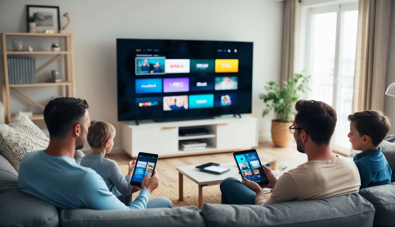 A family sitting in a cozy living room, streaming content on a large smart TV while using interactive media devices