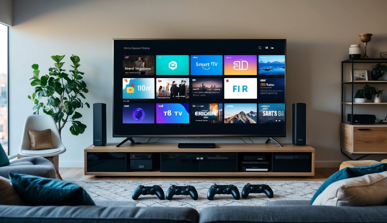 A living room with a large smart TV streaming content, surrounded by various devices and controllers for interactive media