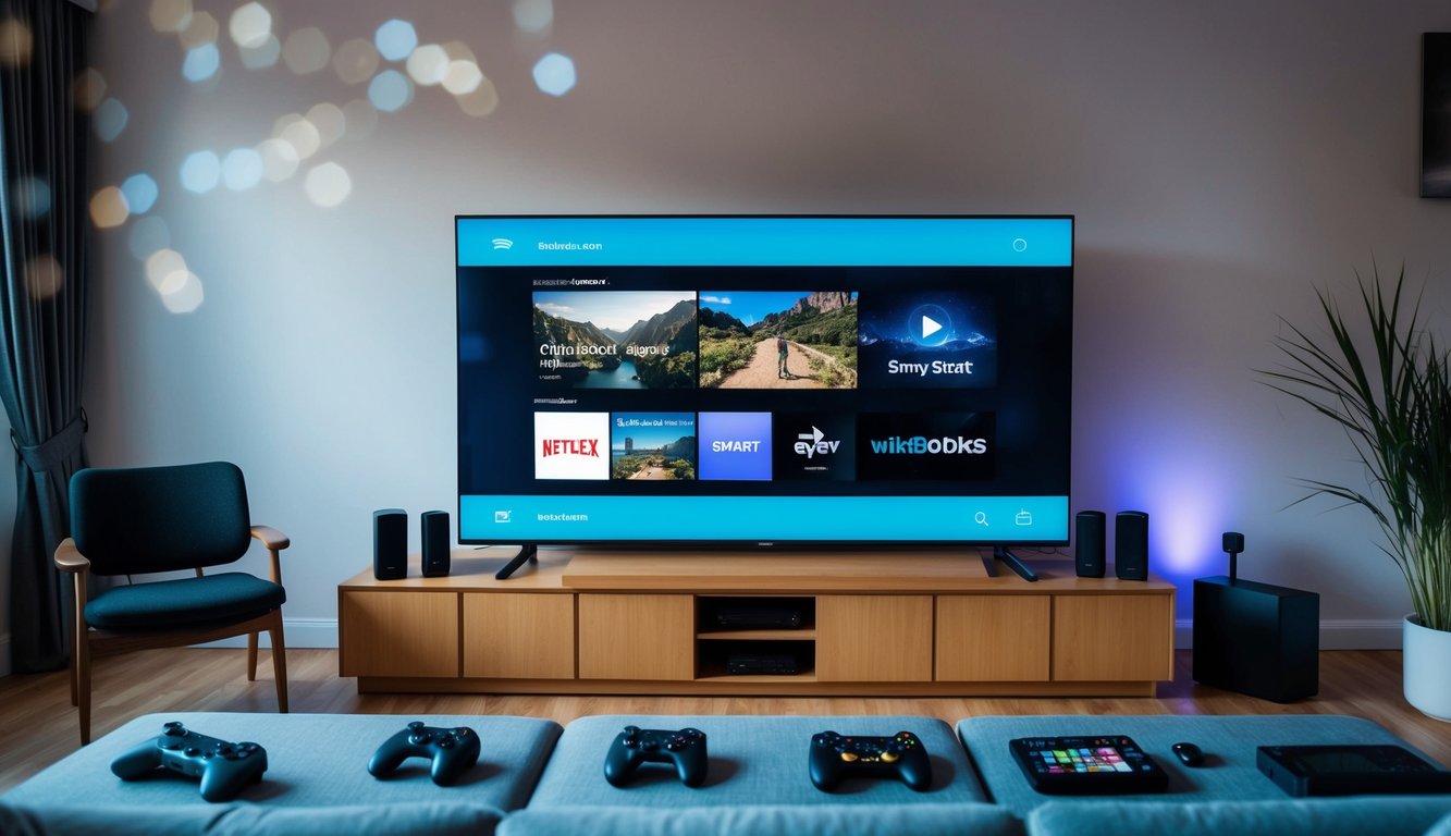 A living room with a large smart TV streaming content, surrounded by various devices and controllers for interactive media