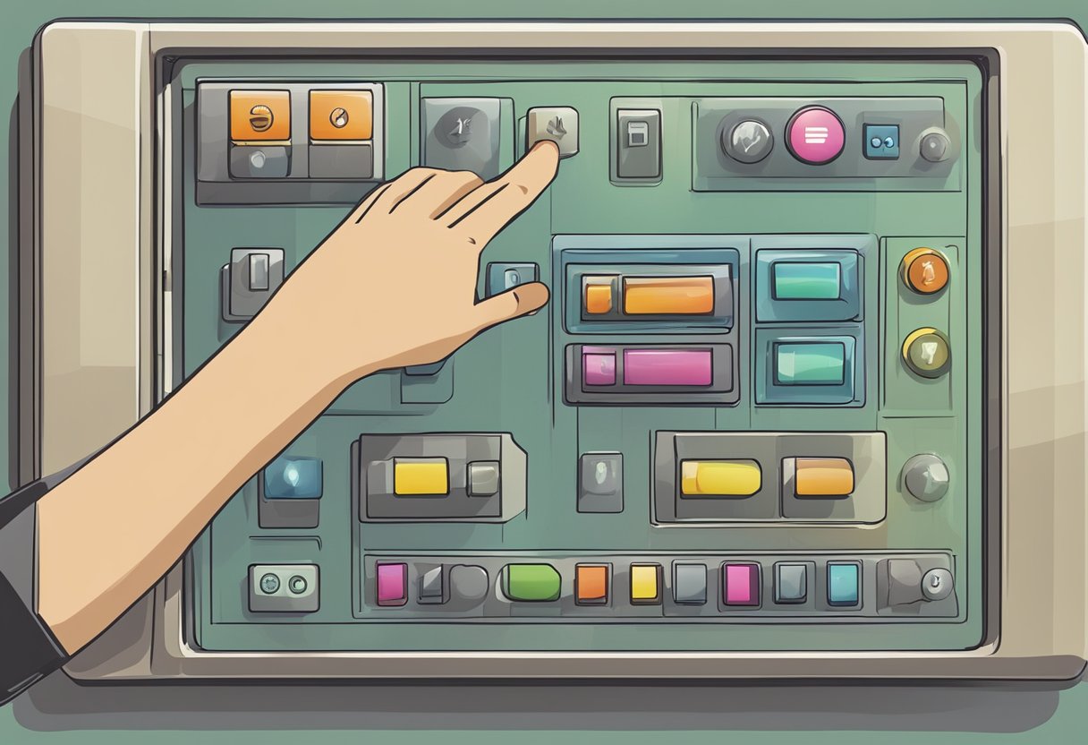 A hand reaches out to press a large, colorful "Vind ik Leuk" button on a digital interface