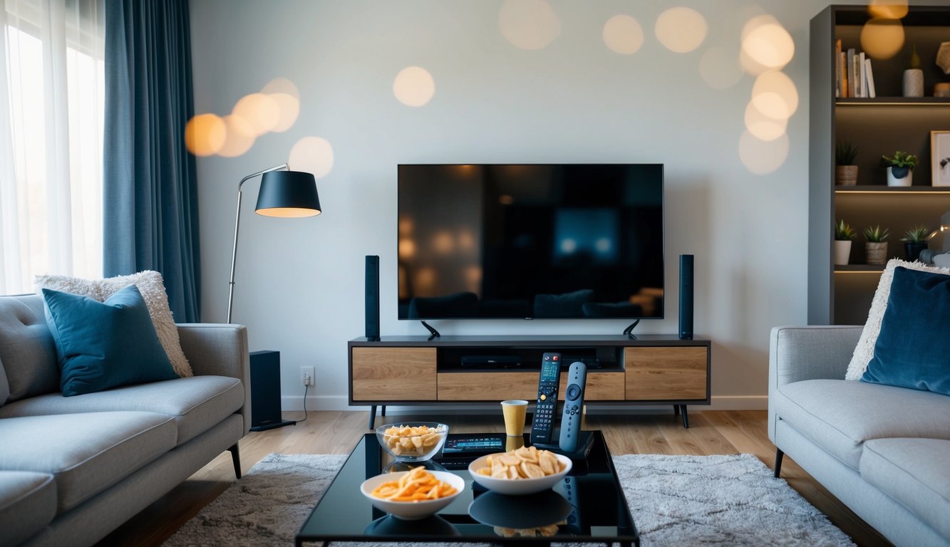 A modern living room with a sleek TV and various streaming devices. A cozy couch and a coffee table with remotes and snacks