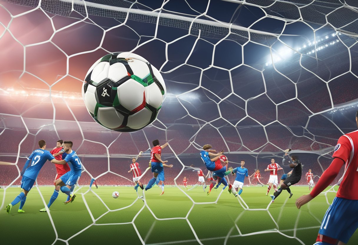 A soccer ball flies into the goal, as players from Ajax and FC Utrecht clash on the field, surrounded by cheering fans in the stadium