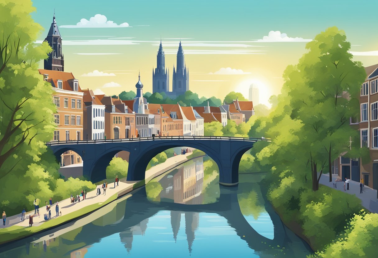 A sunny cityscape with iconic Utrecht landmarks under a clear blue sky, surrounded by lush greenery and a calm river flowing through the scene