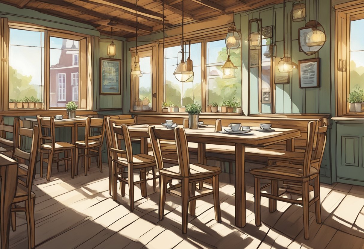 A rustic table set with plates and cutlery, surrounded by wooden chairs, in a cozy, sunlit corner of a cafe in Utrecht