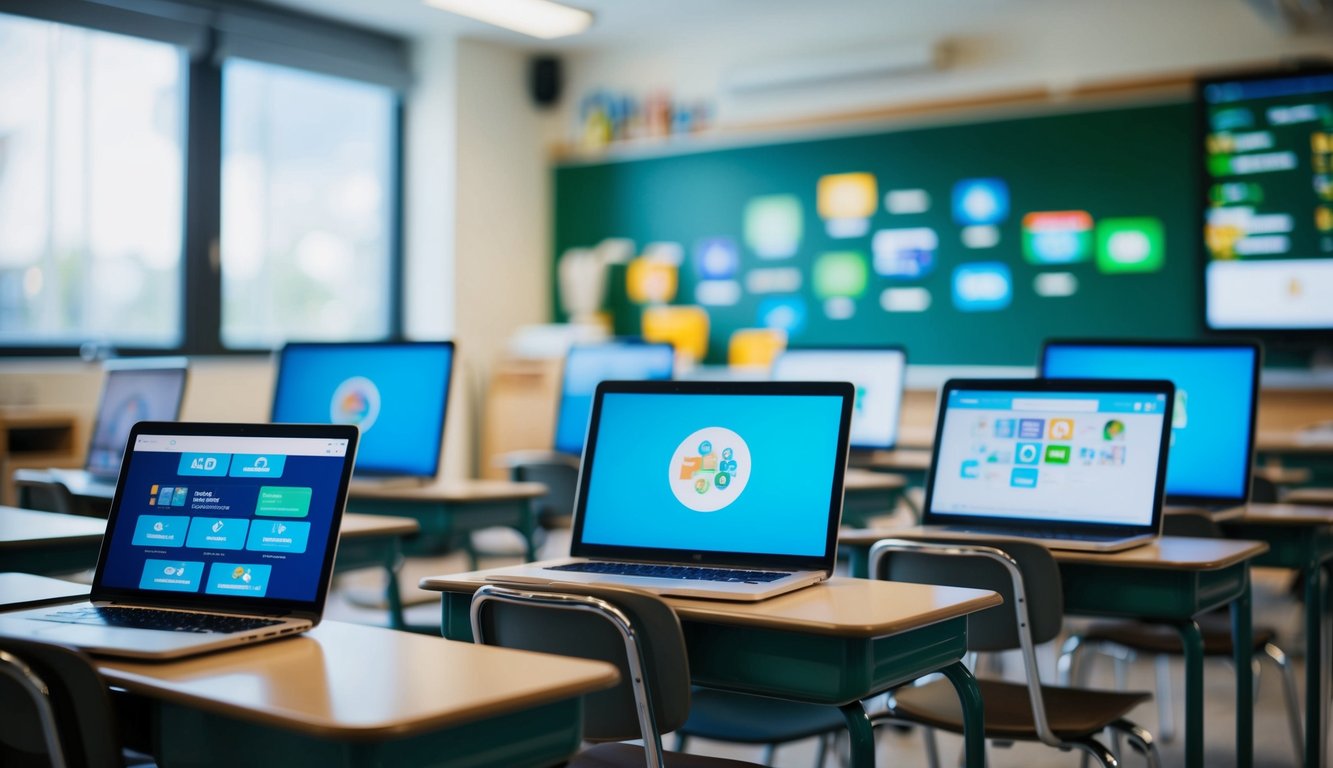 A classroom setting with various electronic devices and screens, showing a virtual learning environment with interactive tools and resources