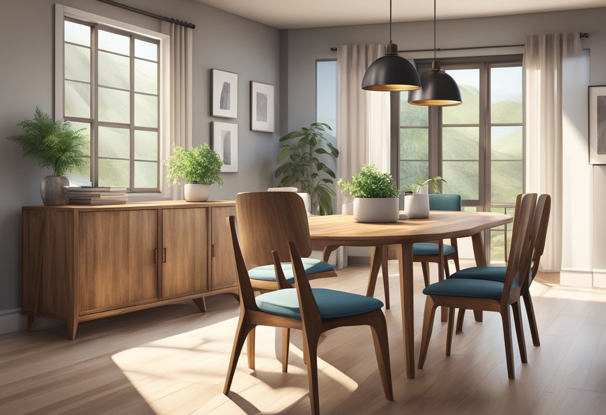 A rustic wooden table sits in the center of a cozy, sunlit room, surrounded by modern chairs. The table's smooth surface and clean lines exude a sense of timeless elegance