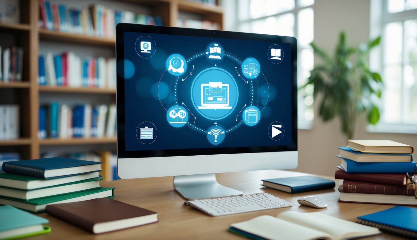 A computer screen displaying a seamless blend of virtual and physical learning tools, surrounded by books, notebooks, and other traditional educational materials