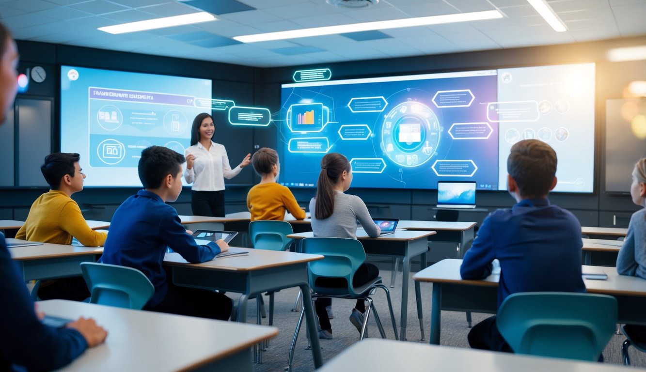 A futuristic classroom with holographic screens and interactive virtual reality tools. Students engage in immersive online learning experiences