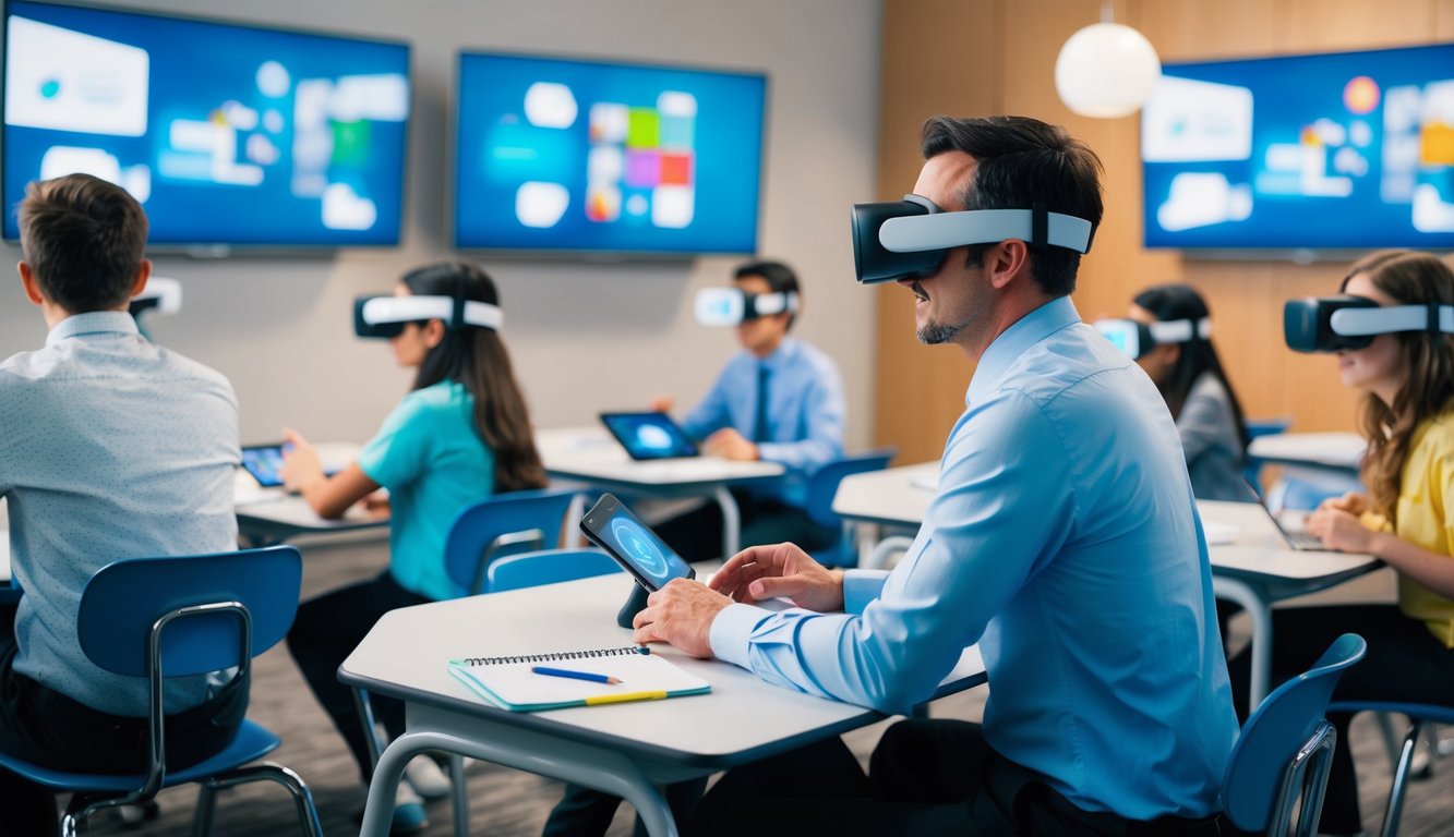 A modern, futuristic classroom with interactive screens and virtual reality headsets. A teacher and students engage in immersive, personalized learning experiences