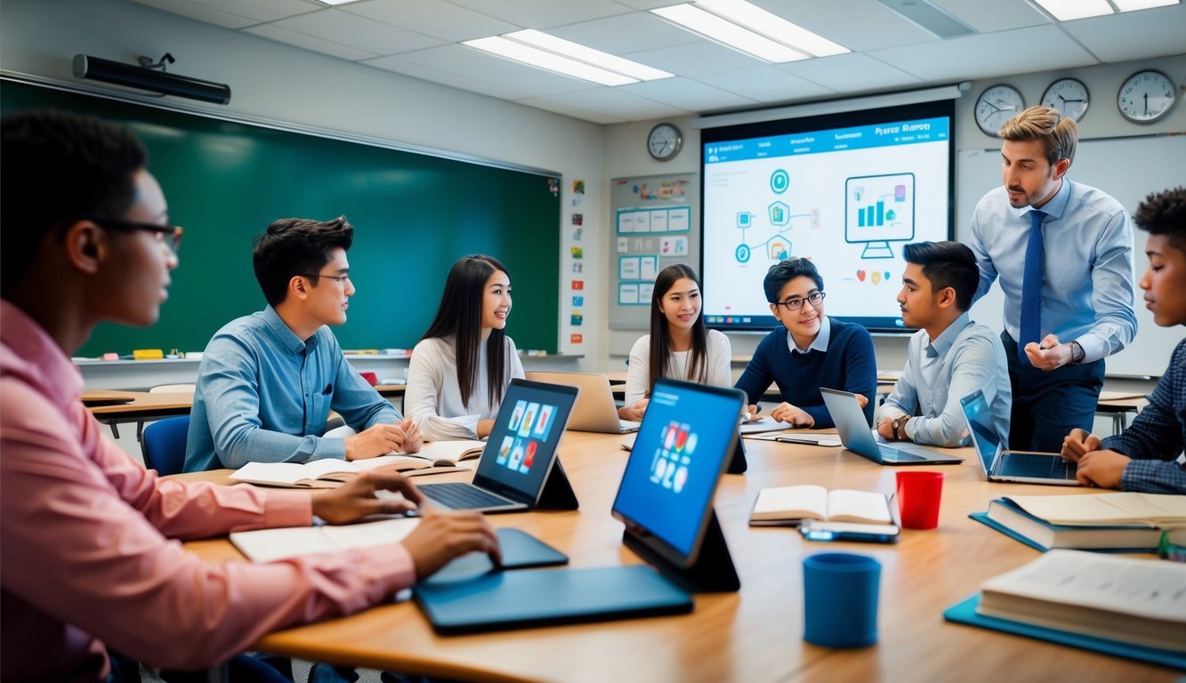 A modern classroom with digital devices, books, and interactive screens. A teacher and students engage in online learning, discussing the future of education