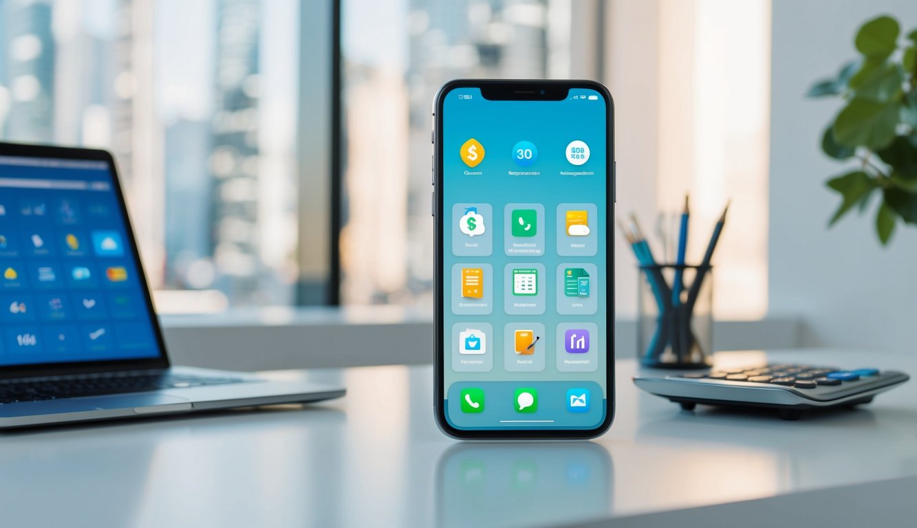 A modern smartphone displays various financial management apps and tools on a sleek, minimalist desk with a laptop and calculator nearby