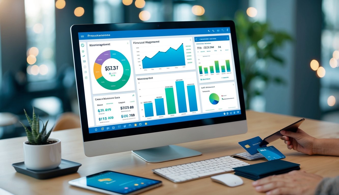 A computer screen displaying various financial management tools and charts. A smartphone with a personal finance app open. A digital wallet and credit cards