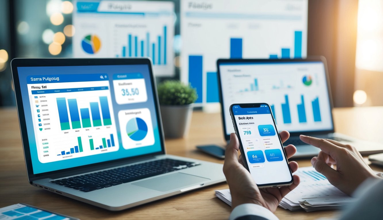 A smartphone displaying financial apps and a laptop with budgeting software open on the screen, surrounded by charts and graphs