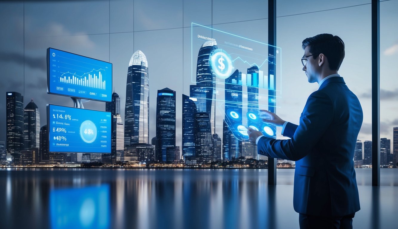 A futuristic city skyline with digital screens displaying financial data and graphs. A person using a holographic interface to manage their finances