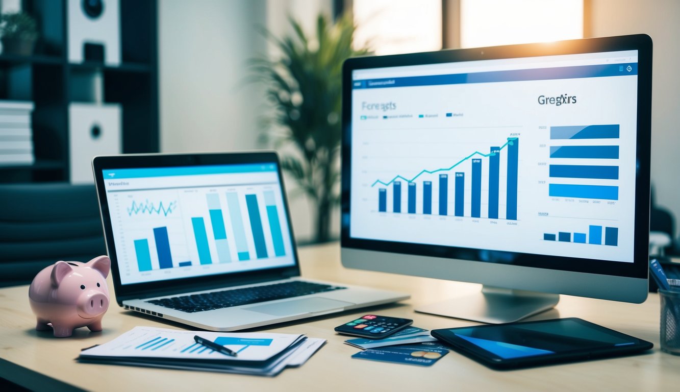 A modern office desk with a laptop, smartphone, and financial documents. Graphs and charts displayed on a computer screen. A piggy bank and credit cards on the desk