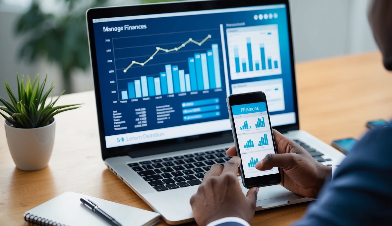 A person using a laptop and smartphone to manage finances, with charts and graphs displayed on the screens