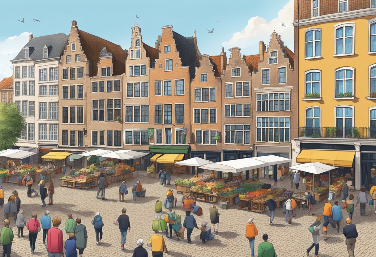 A bustling city square with historic buildings, cobblestone streets, and a lively market in Utrecht