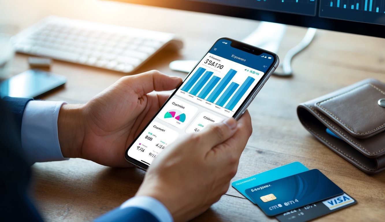 A person using a smartphone app to track expenses and manage personal finances. Graphs and charts display financial data, while a digital wallet and credit cards are visible