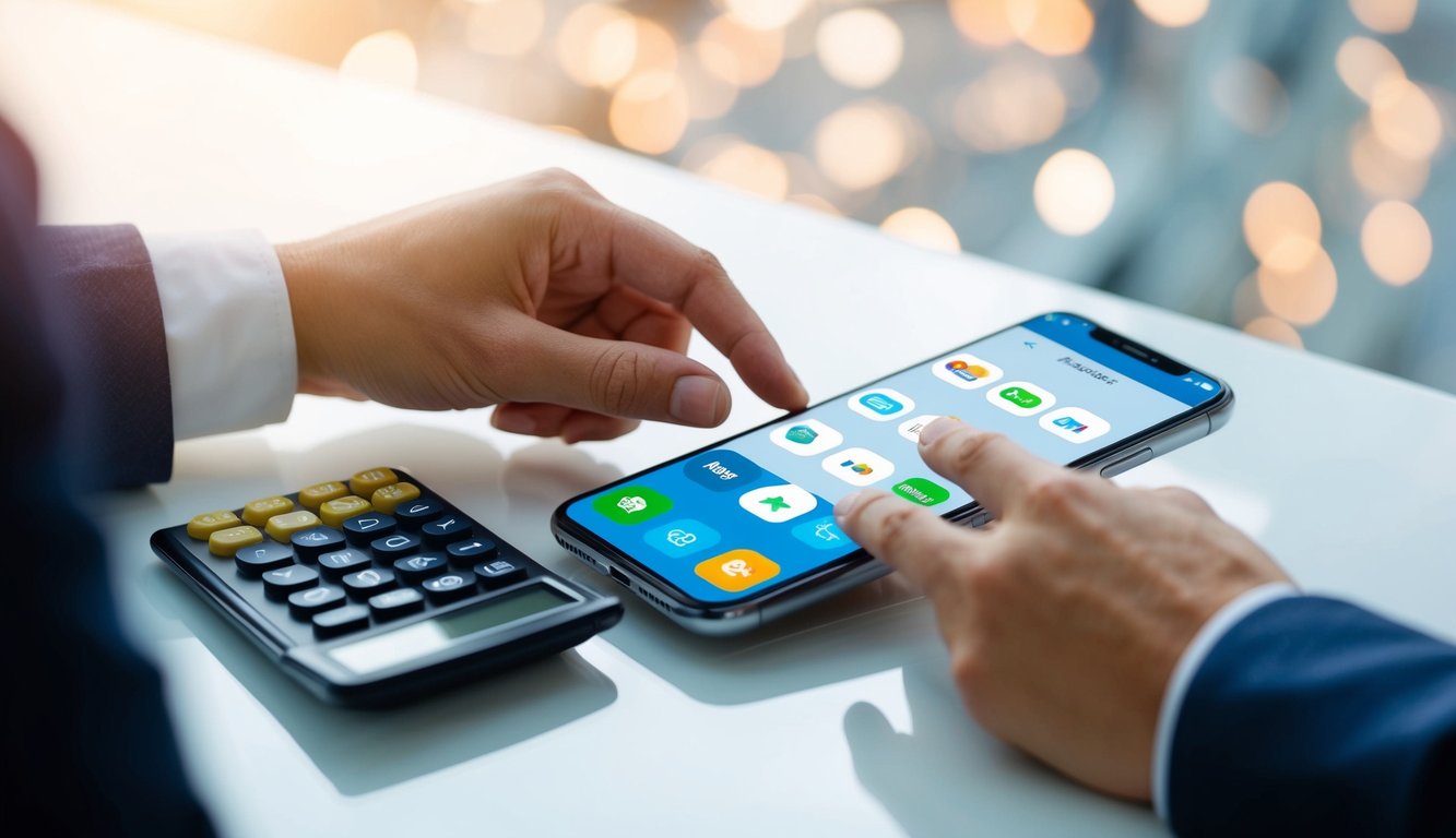 A person using a smartphone to manage personal finances, with various financial apps open and a calculator in hand