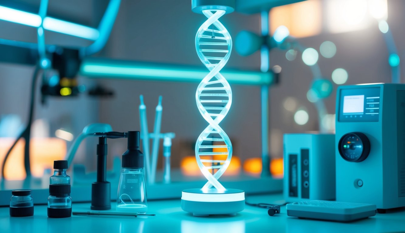 A laboratory setting with futuristic equipment and biotech tools. A glowing DNA helix hovers above a glowing gene editing tool, symbolizing the future of biotechnology