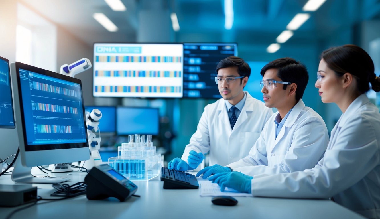 A lab setting with futuristic equipment and computer screens showing DNA sequences. Scientists in white coats discuss CRISPR and gene editing