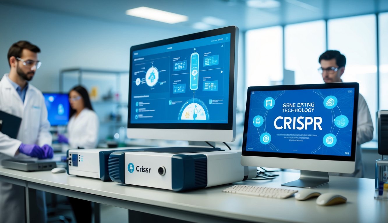 A lab setting with futuristic equipment and computer screens, showcasing gene editing technology like Crispr. Scientists working in the background