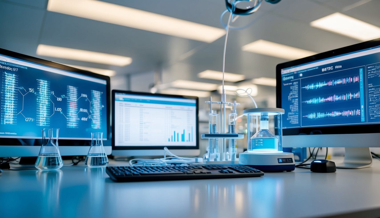 A laboratory setting with futuristic biotech equipment and computer screens displaying genetic sequences and data