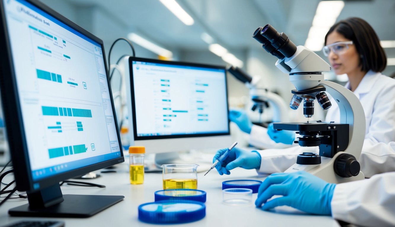 A laboratory setting with a microscope, petri dishes, and genetic sequences on a computer screen. Scientists in white lab coats are working on gene editing experiments