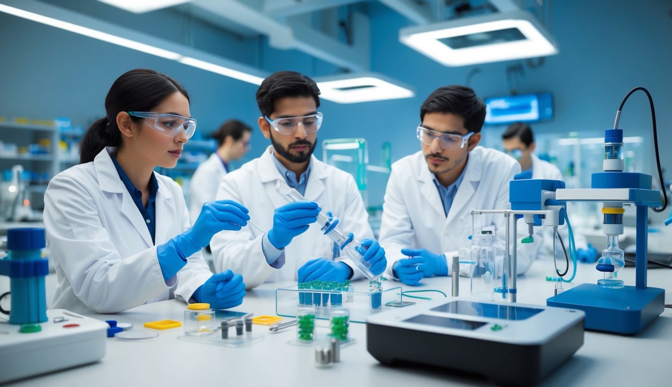 A laboratory setting with futuristic biotech equipment and tools, including Crispr gene-editing technology. Multiple scientists working and discussing the future of biotech