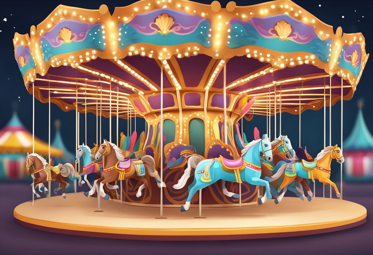 A spinning carousel at a carnival with colorful horses and decorative details