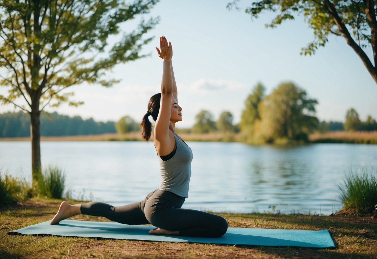 Eine ruhige natürliche Umgebung mit einer Person, die Yoga-Übungen für Anfänger praktiziert, umgeben von friedlichen, harmonischen Elementen wie Wasser, Bäumen und einem klaren Himmel