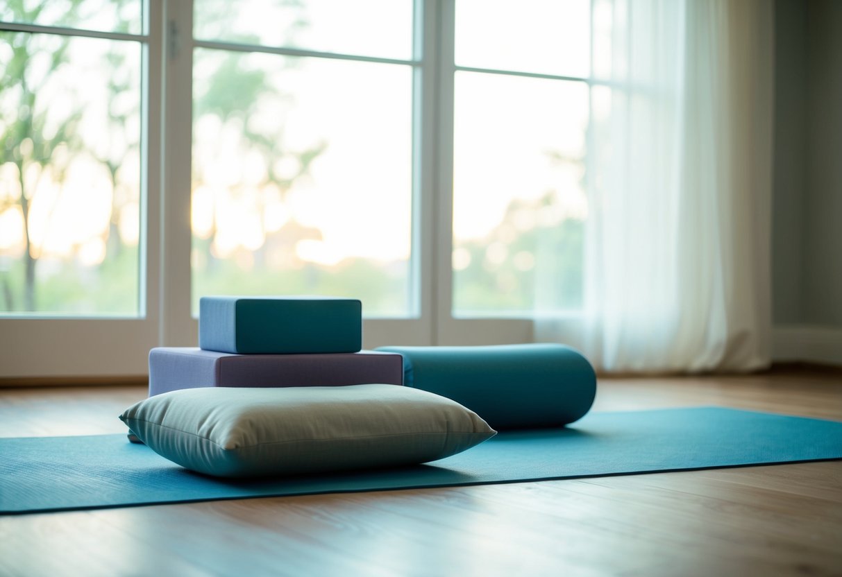 Ein ruhiger Raum mit einer Yogamatte, Blöcken und einem Polster. Sanftes, natürliches Licht dringt durch das Fenster und wirft einen sanften Glanz in den Raum