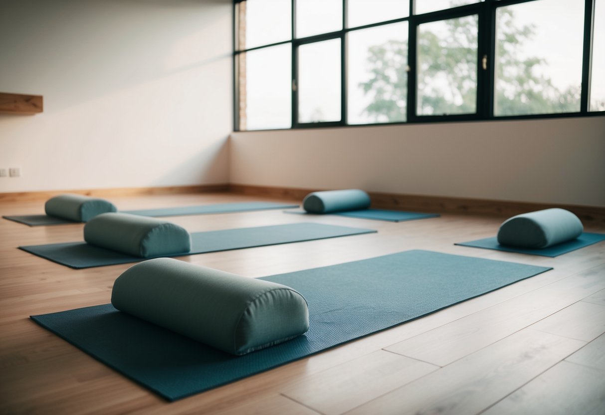 Ein ruhiges Yoga-Studio mit Matten, Blöcken und Polstern. Sanftes natürliches Licht strömt durch große Fenster herein und schafft eine friedliche und einladende Atmosphäre für Anfänger zum Üben