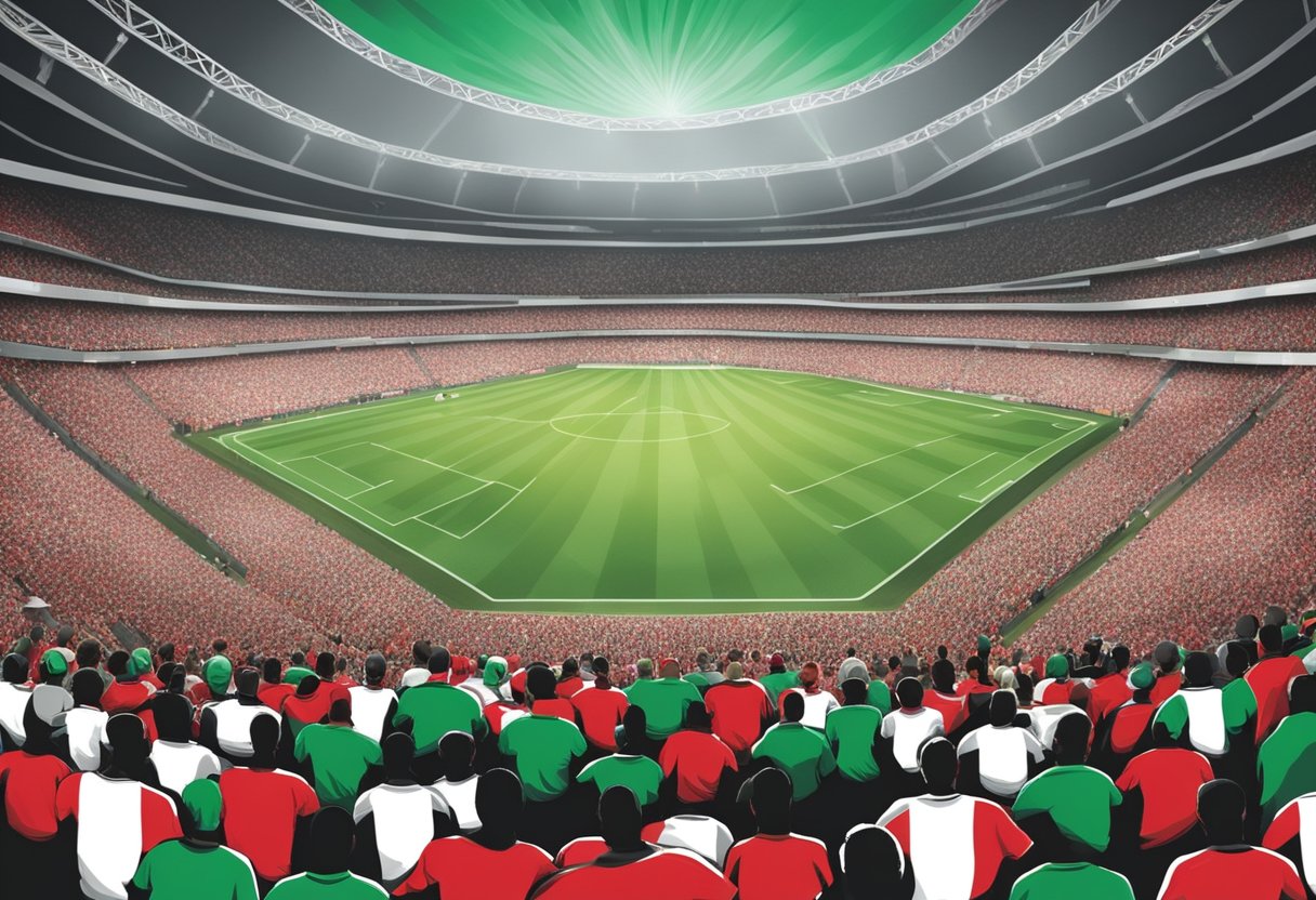 Players in red and white jerseys face off against opponents in black and green. The stadium is filled with cheering fans