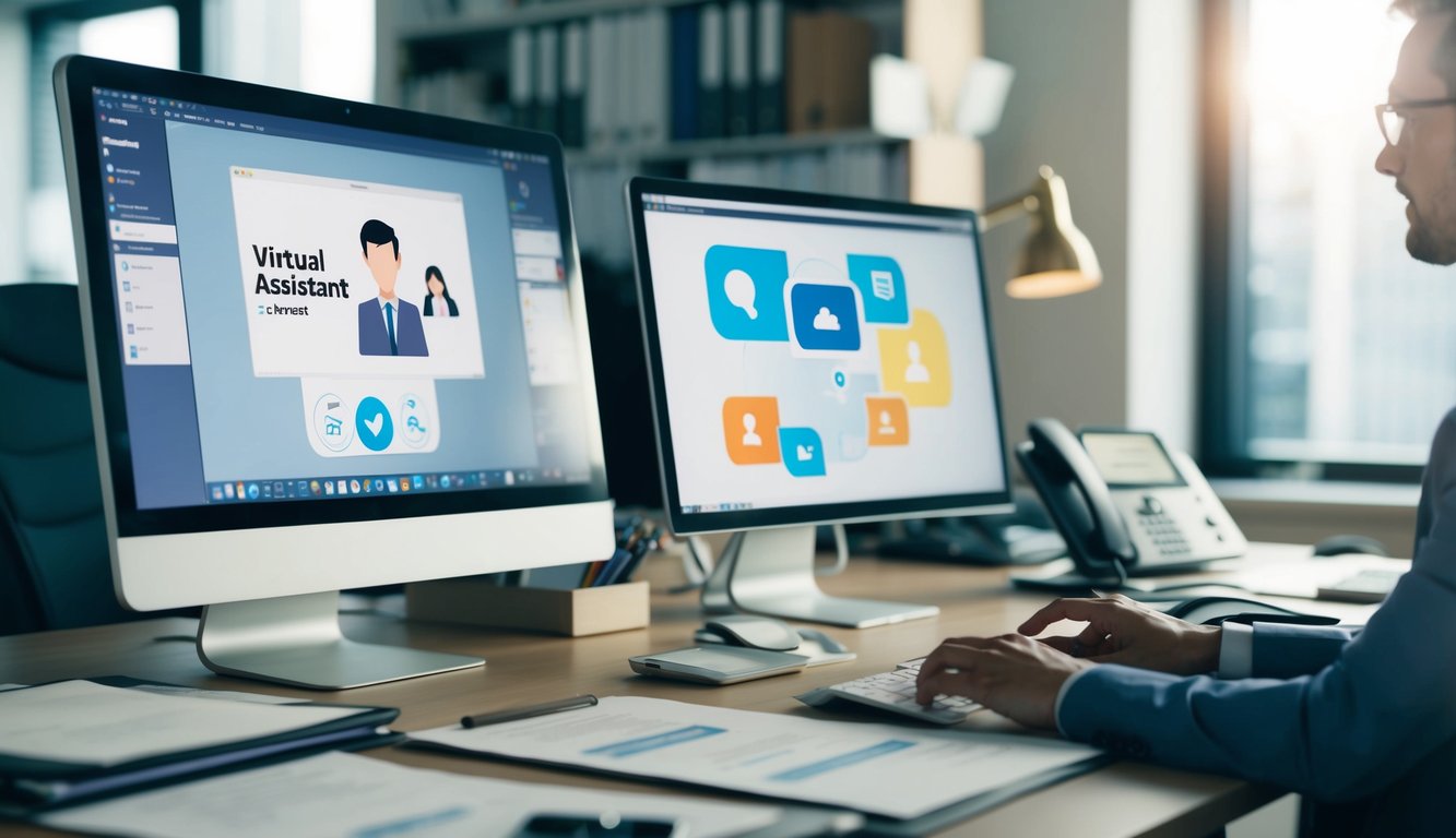 A busy office desk with a computer, phone, and virtual assistant software open on the screen. Papers and files are neatly organized, and the atmosphere is calm and efficient