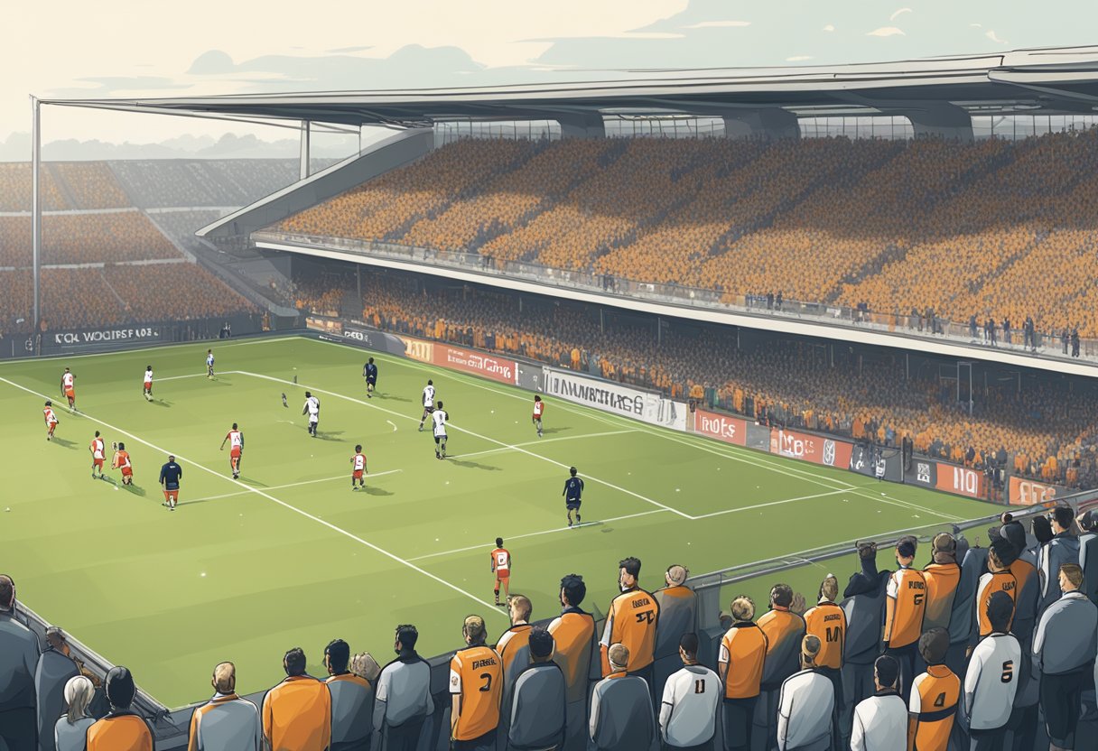 Players from FC Volendam and FC Utrecht are lined up on the field, ready for the match to begin. The stadium is filled with excited fans cheering for their respective teams