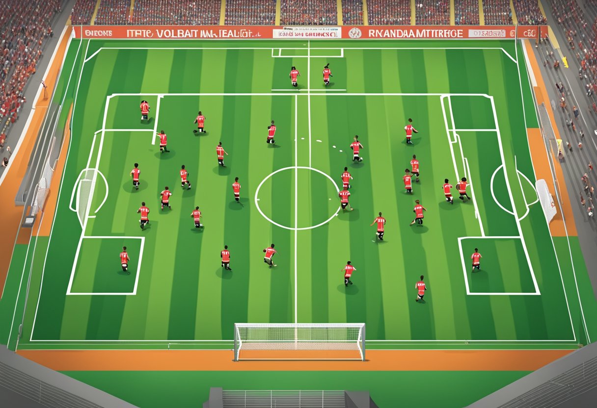 A soccer field with players from FC Volendam and FC Utrecht in their respective team formations