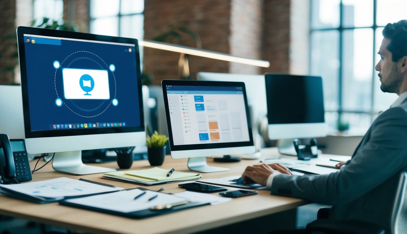 A busy office desk with a computer, phone, and paperwork. A virtual assistant interface on the computer screen. The desk is organized and efficient